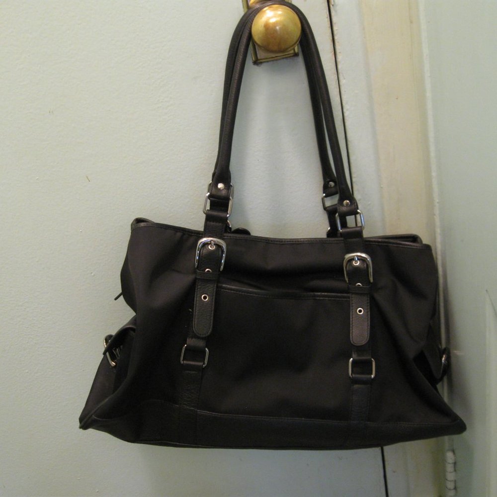 Levenger Large Black Microfiber and Leather Tote Bag Satchel Many Compartments